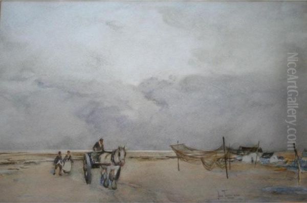 Fisherfolk On A Broad Beach Oil Painting by John Terris