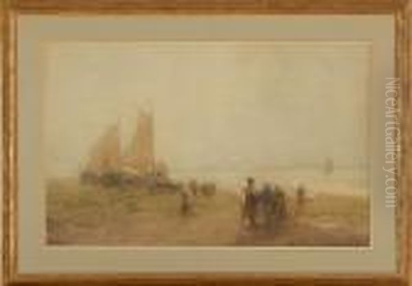 Dutch Coastal Scene With Figures And Sailboats Oil Painting by John Terris