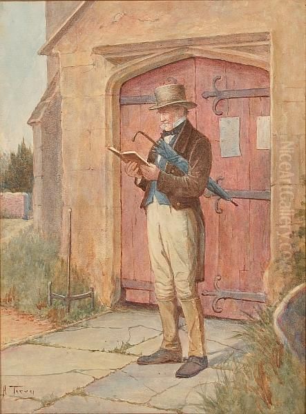 Elderly Gentleman Stood Before A
 Church, Holding Book And Umberella, And Another: Elderly Clergyman Oil Painting by Henry M. Terry