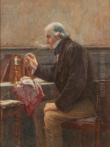 Gentleman Seated In A Study 
Lighting His Pipe, Together With Another Of An Elderly Gentleman 
Snoozing In A Chair Besides A Fire Oil Painting by Henry M. Terry