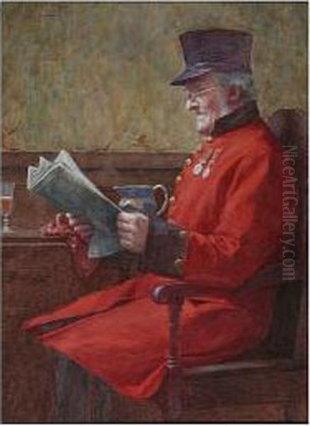 Old Gentleman Reading A Newspaper, And Another Similar Oil Painting by Henry M. Terry