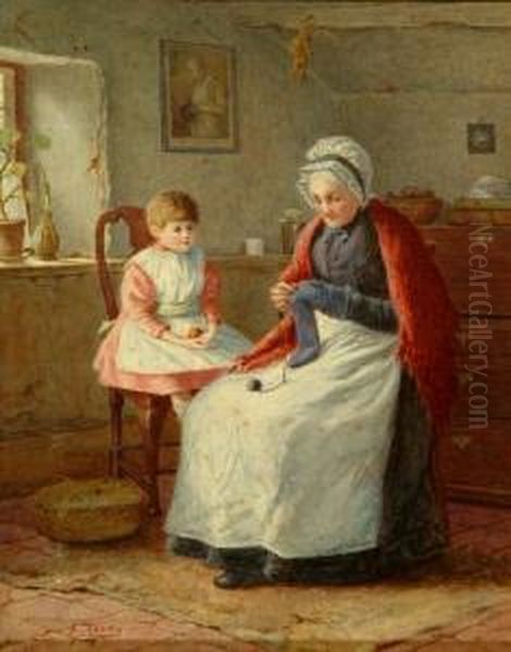 British, Interior Scene With Grandmother Darning And Child In A High Chair Oil Painting by Henry M. Terry