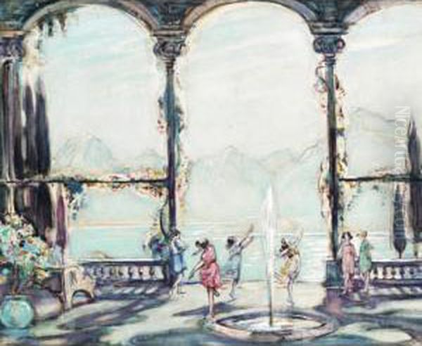 Girls Dancing Around A Fountain Oil Painting by Joseph Alfred Terry