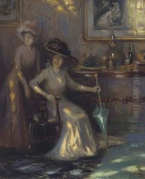 Two Ladies In An Interior Oil Painting by Joseph Alfred Terry