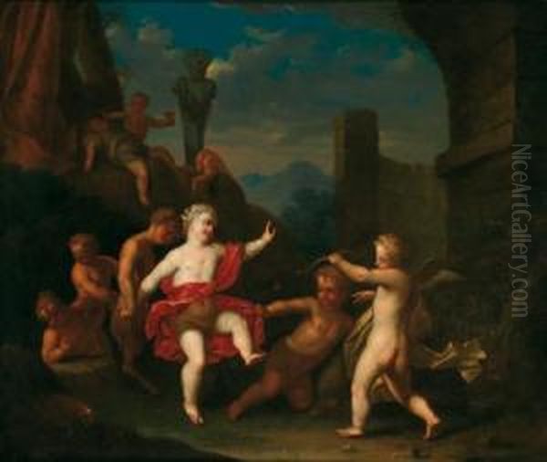 Baccanale Con Putti E Satiri In Un Paesaggio Classico Con Rovine Oil Painting by Matheus Terwesten