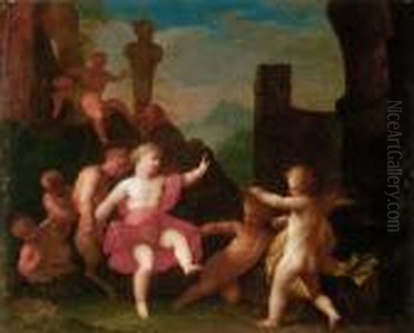 Putti And Satyrs At Play In An Architectural Setting Oil Painting by Matheus Terwesten