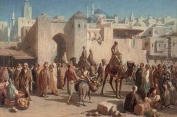 A Busy Arab Market Oil Painting by Louis Tesson