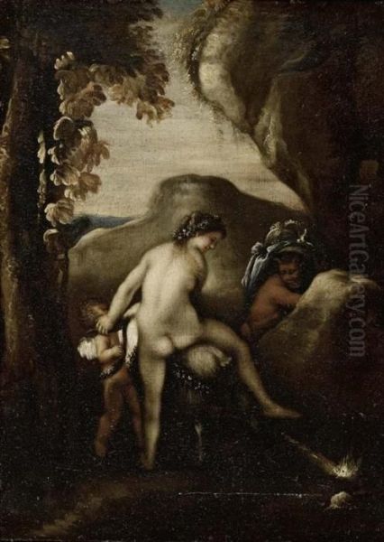 Mythologische Szene Mit Eros, Nymphe Und Satyr. Oil Painting by Pietro Testa