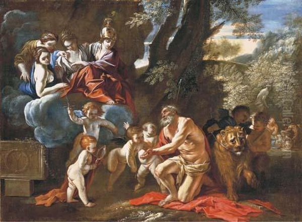 The Four Cardinal Virtues Appearing To Saint Jerome Oil Painting by Pietro Testa