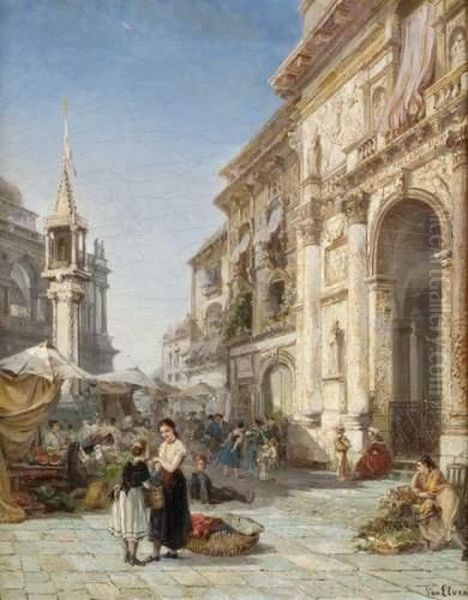 Place Du Marche En Italie Oil Painting by Jean-Baptist Tetar Van Elven