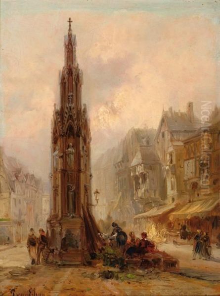 City Square With Gothicmonument Oil Painting by Jean-Baptist Tetar Van Elven