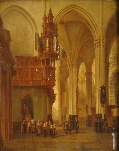 Cathedral Interior Oil Painting by Jean-Baptist Tetar Van Elven