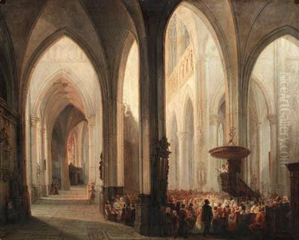 A Service In A Church Oil Painting by Jean-Baptist Tetar Van Elven