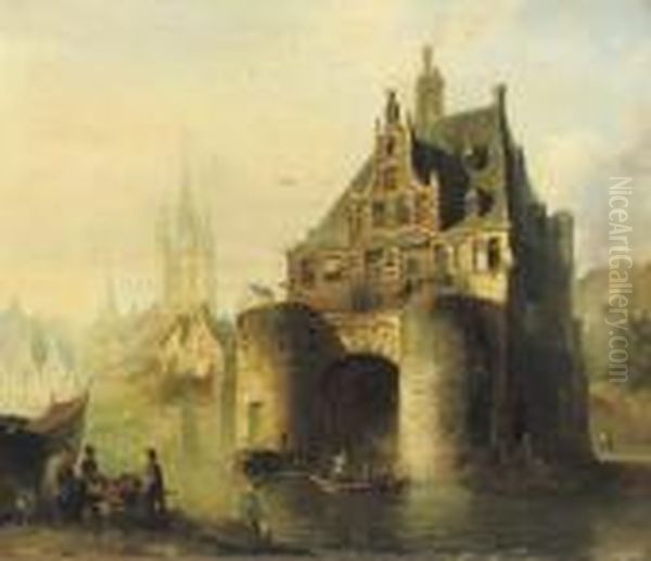 The Waterslootse Poort With The Oude Kerk Beyond, Delft Oil Painting by Pierre-Henri-Theodore Tetar van Elven