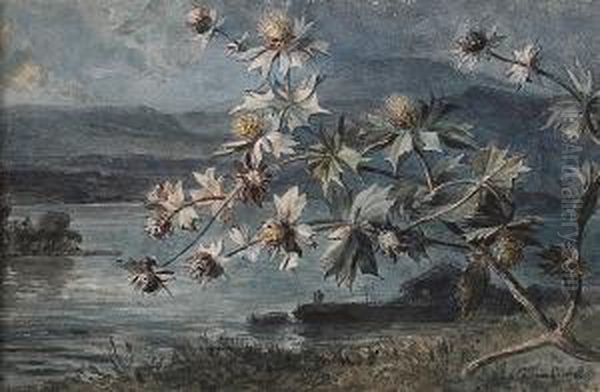 Thistles With Landscape Beyond Oil Painting by Pierre-Henri-Theodore Tetar van Elven