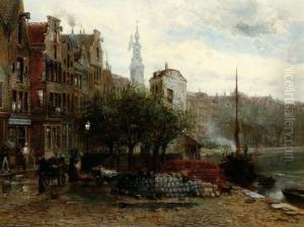 View Of Amsterdam In The Rain With To The Left A 'wijn- En Bierhuis' Oil Painting by Pierre-Henri-Theodore Tetar van Elven