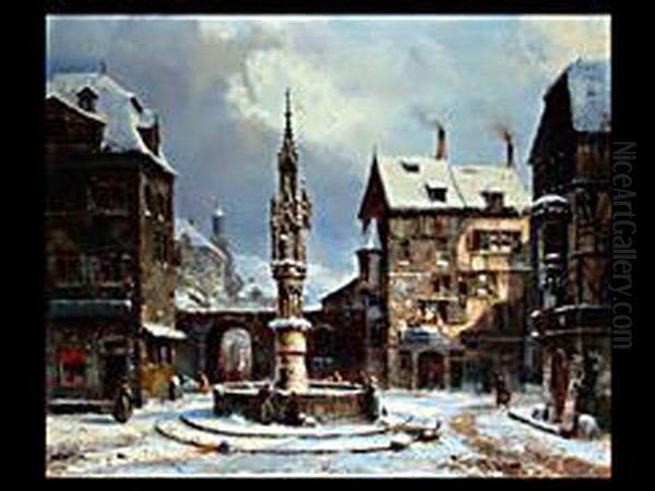 Winter Am Stadtbrunnen Oil Painting by Pierre-Henri-Theodore Tetar van Elven