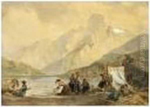 Women Washing Clothes In A Mountain Lake Oil Painting by Pierre-Henri-Theodore Tetar van Elven