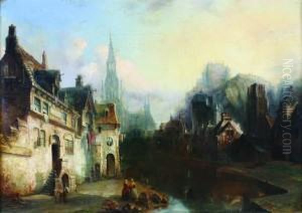 Village Scene Oil Painting by Pierre-Henri-Theodore Tetar van Elven