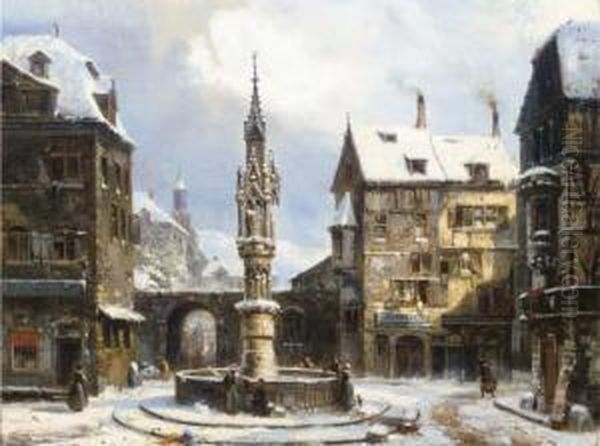 Winter: A Gothic Fountain In A German Town Oil Painting by Pierre-Henri-Theodore Tetar van Elven