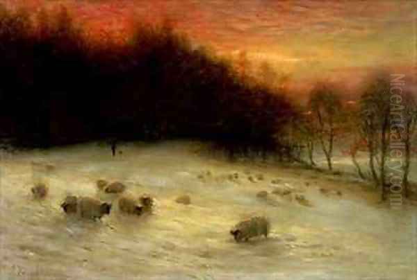 Sheep in a Winter Landscape Evening Oil Painting by Joseph Farquharson