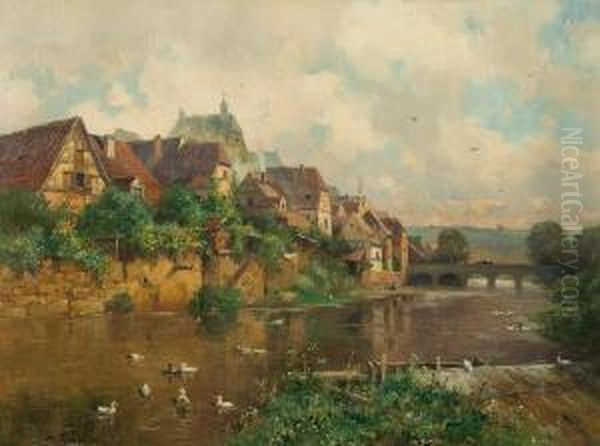 Town By The River Oil Painting by Gustav Adolf Thamm