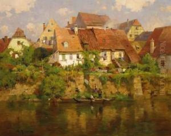 Village By A River Oil Painting by Gustav Adolf Thamm