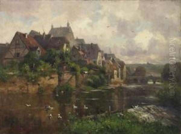 View On A City By The River. Besigheim On The Neckar. Signed Lower Left: A. Thamm Oil Painting by Gustav Adolf Thamm