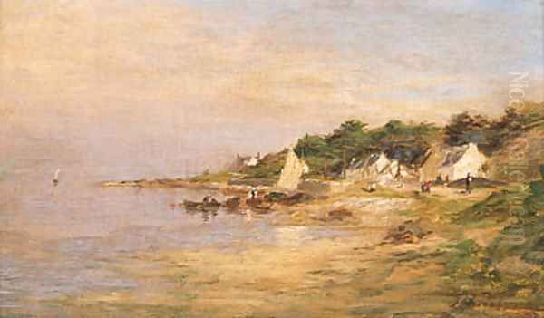 An East coast Fishing Village Oil Painting by Joseph Farquharson