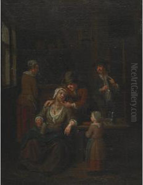 Interior Of A Kitchen With A Peasant Family Oil Painting by Josef Horemans Younger The Jan