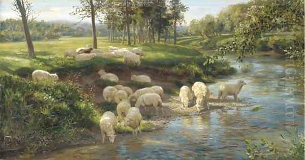 Sheep grazing by a river Oil Painting by Joseph Farquharson