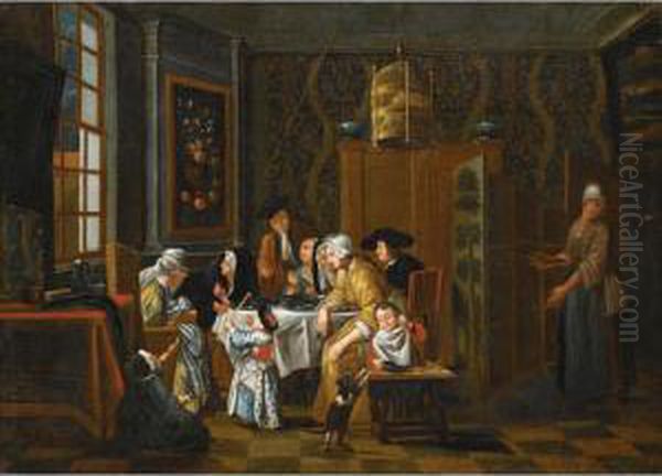 An Interior Scene With A Family Seated Around A Table Oil Painting by Josef Horemans Younger The Jan