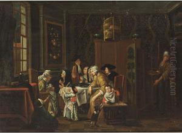 An Elegant Interior With A Maternity Visit Oil Painting by Josef Horemans Younger The Jan