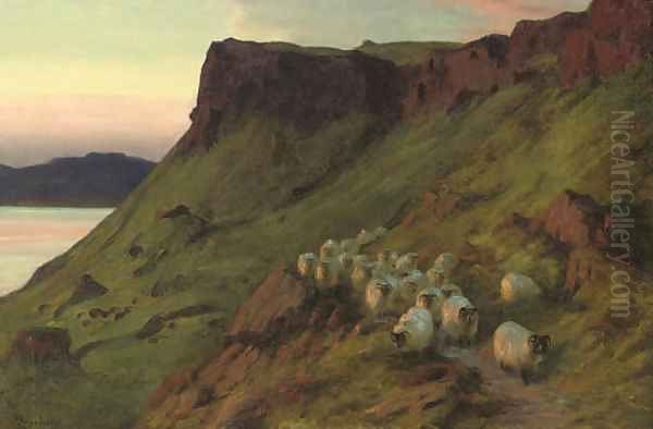 Sheep below the Greeben Cliff, Mull, Evening Oil Painting by Joseph Farquharson