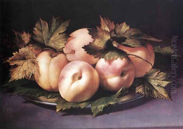 Still-life with Peaches and Fig-leaves 1590s Oil Painting by Giovanni Ambrogio Figino