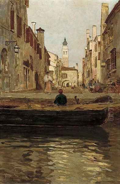 A bustling Venetian backwater Oil Painting by Pietro Fragiacomo