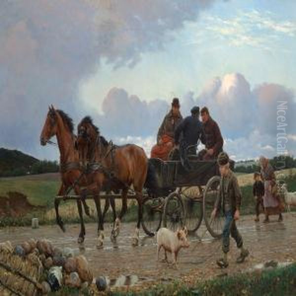 On The Wayhome From A Market Oil Painting by Michael Therkildsen