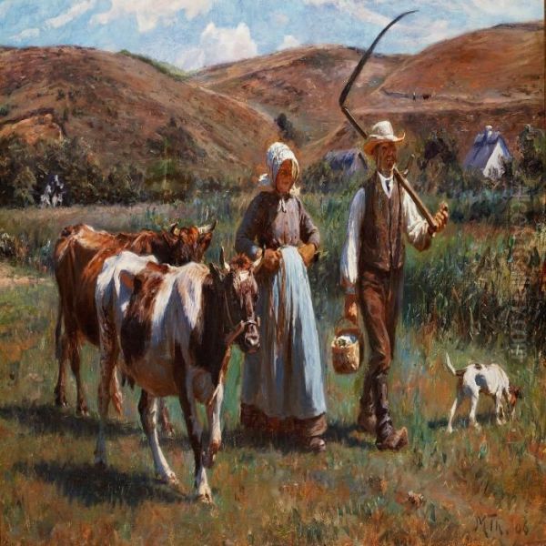 A Farmer And His Wife On Their Way To Work In The Field Oil Painting by Michael Therkildsen