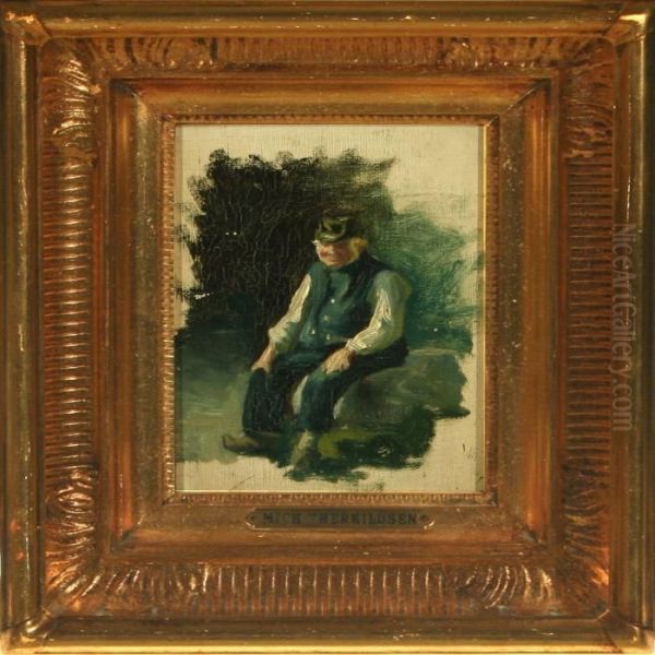 Farmer Sitting Ona Stone Oil Painting by Michael Therkildsen