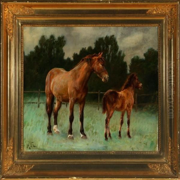 Landscape With A Horse And A Foal Oil Painting by Michael Therkildsen