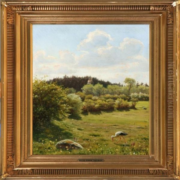 Landscape With A Stork Oil Painting by Michael Therkildsen