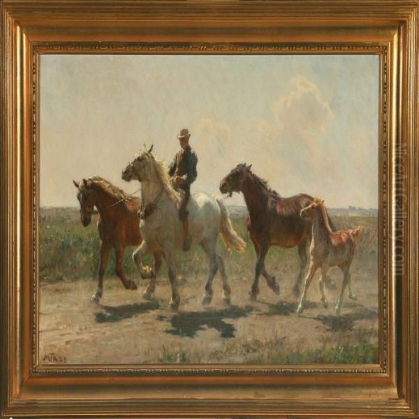 Landscape With Horse Riding Man Oil Painting by Michael Therkildsen