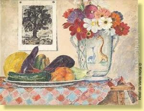 Nature Morte Aux Aubergines Et Fleurs Dans Oil Painting by Pierre Thevenet