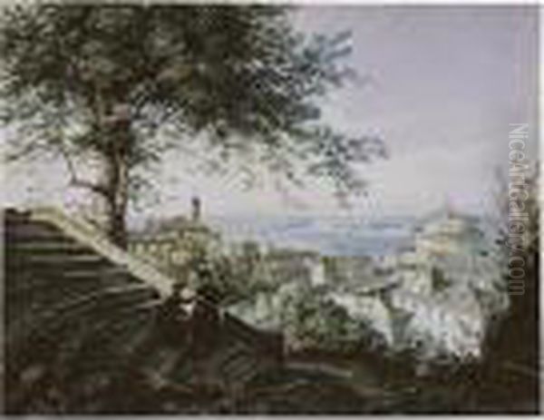 A View Of Rome Looking Towards The Castel Sant'angelo Oil Painting by Jean Thomas Thibault