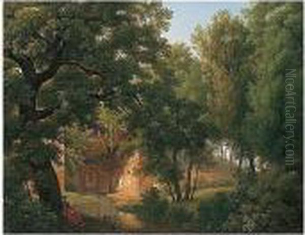 A Wooded Glade With A Figure Writing Beside A Stream Before A Roman Villa Oil Painting by Jean Thomas Thibault