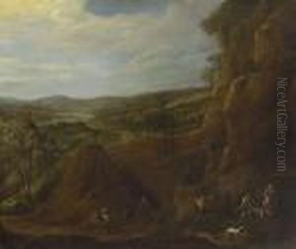 Felsige Flusslandschaft Mit Figurenstaffage. Oil Painting by Johann Alexander Thiele