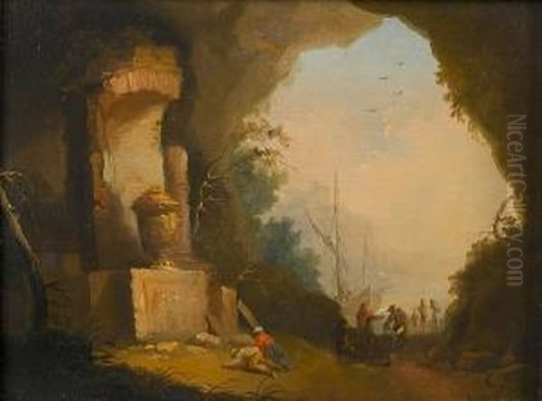 Figures Before Ruins At The Mouth Of A Grotto, A Mediterranean Harbour Beyond Oil Painting by Johann Alexander Thiele