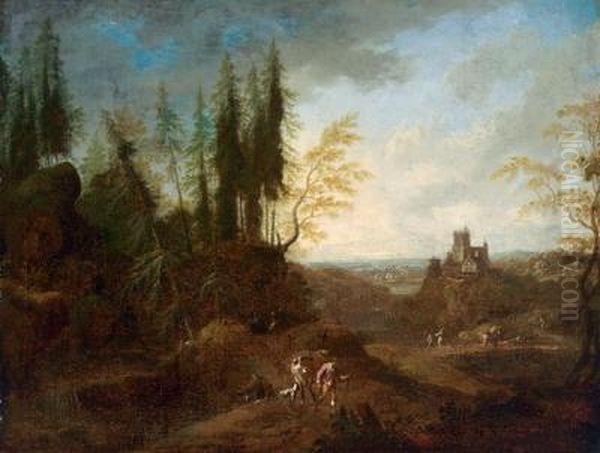 Paesaggio Boschivo Con Castello E Pastori Oil Painting by Johann Alexander Thiele