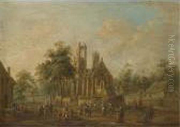 A Village Scene With Industrious
 Figures Before A Well Kept Church; A Village Scene With Figures Dancing
 And Drinking Before A Ruined Church Oil Painting by Johann Alexander Thiele