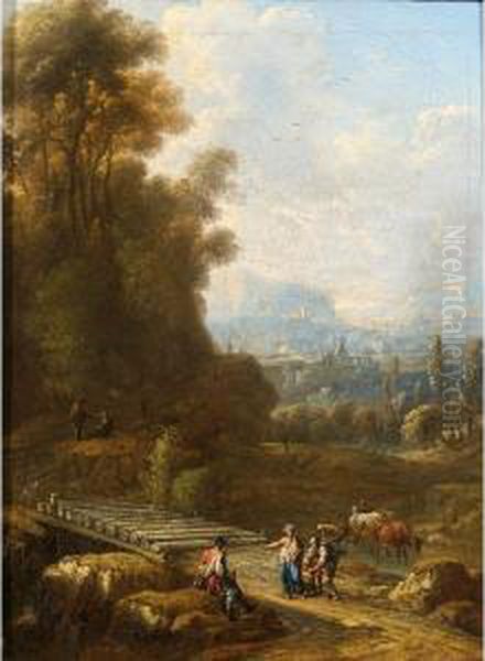 An Italianate Landscape With Herdsmen And Cattle Near A Bridge To The Foreground Oil Painting by Johann Alexander Thiele